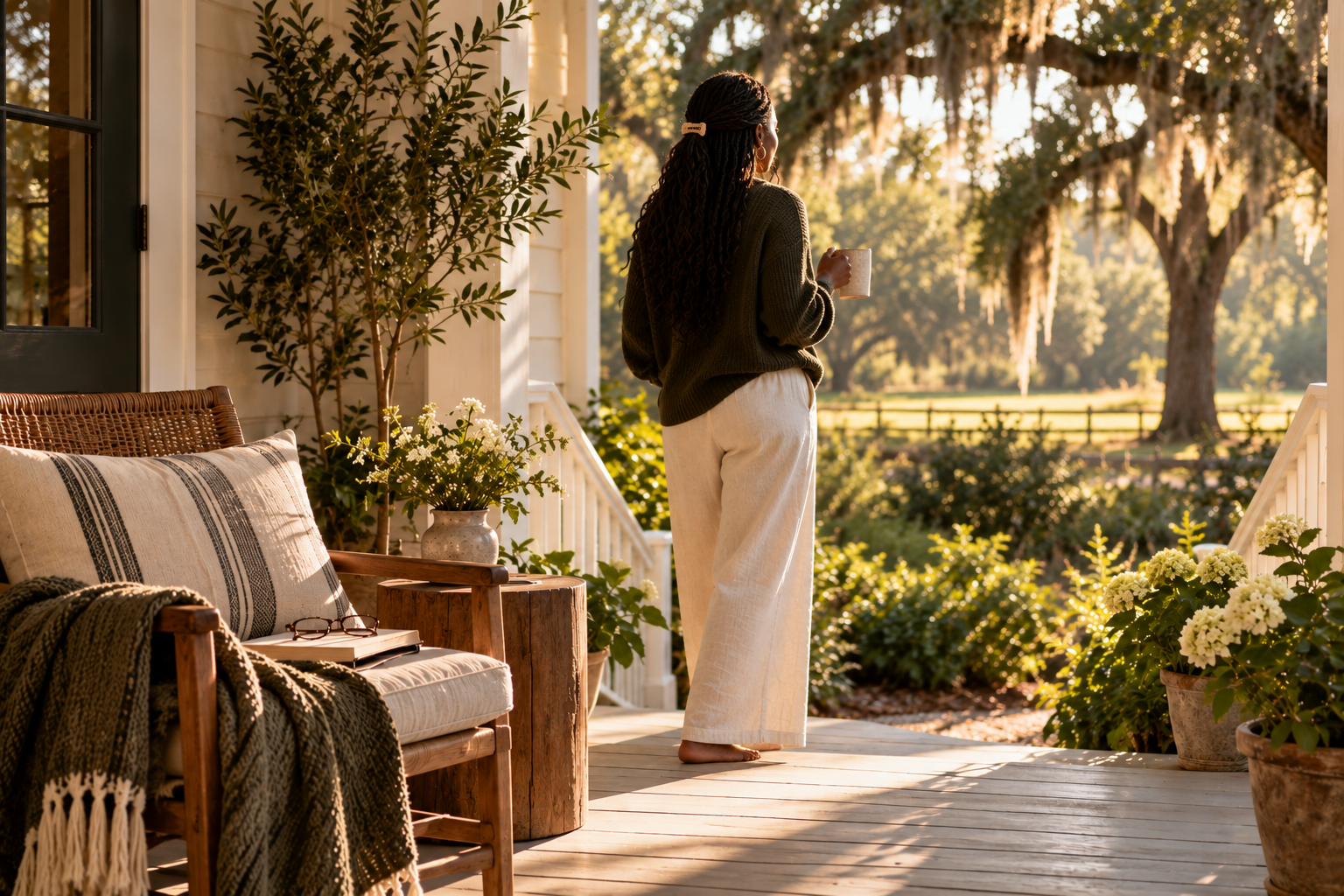 A woman seen from behind on a Florida porch with a mug of coffee, looking toward live oaks and Spanish moss, a book and glasses left on the chair