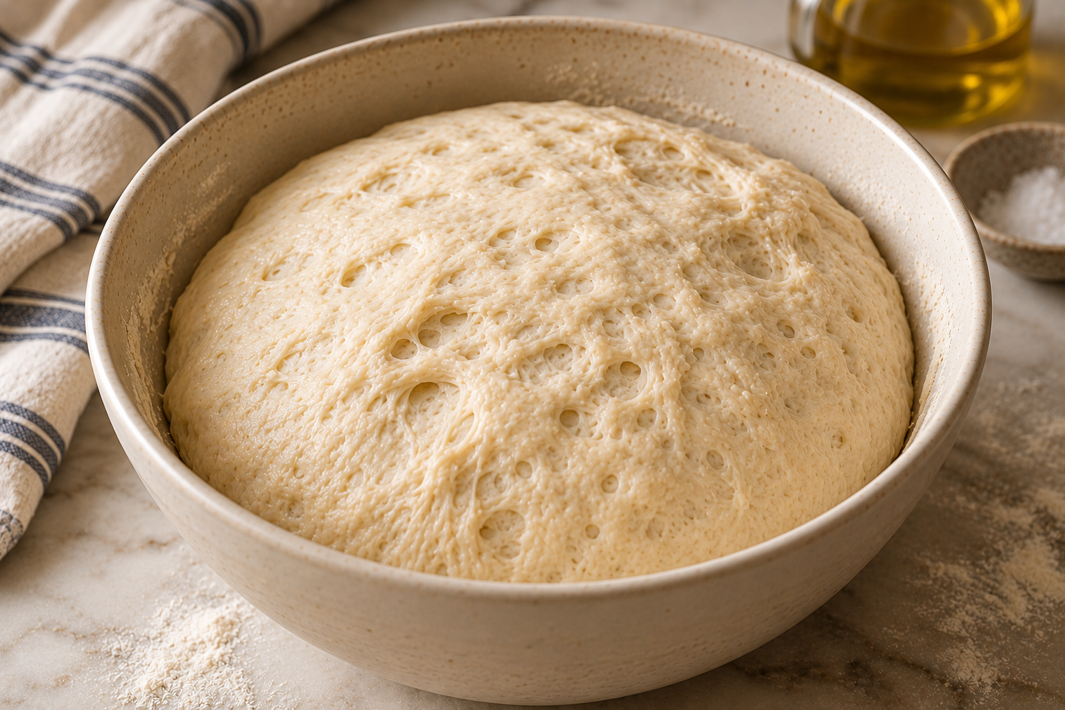 Fully risen, airy dough with visible bubbles in a cream ceramic bowl