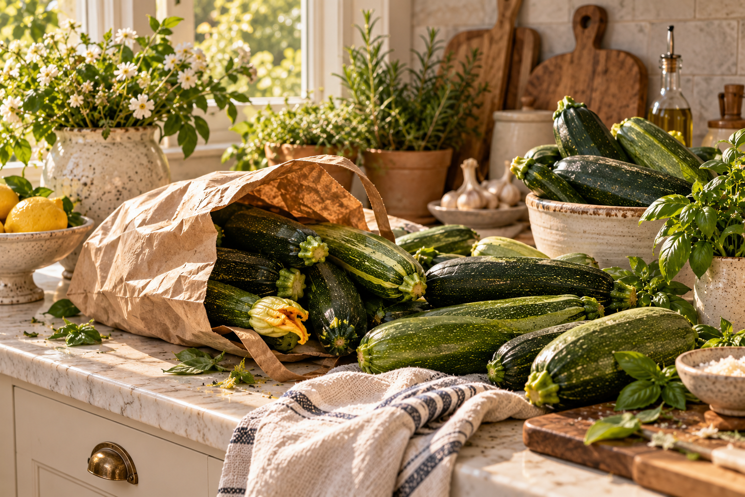 Zucchini spilling from a paper bag across a sunlit kitchen counter with herbs, lemons and a linen towel