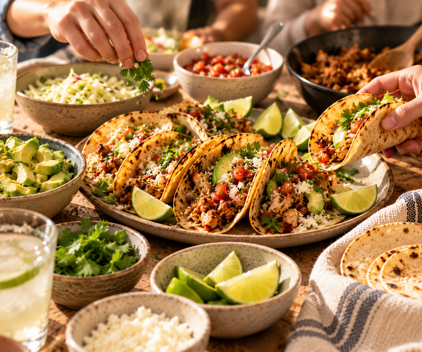 Hands reaching for crispy tacos surrounded by bowls of avocado, salsa, lime and cheese