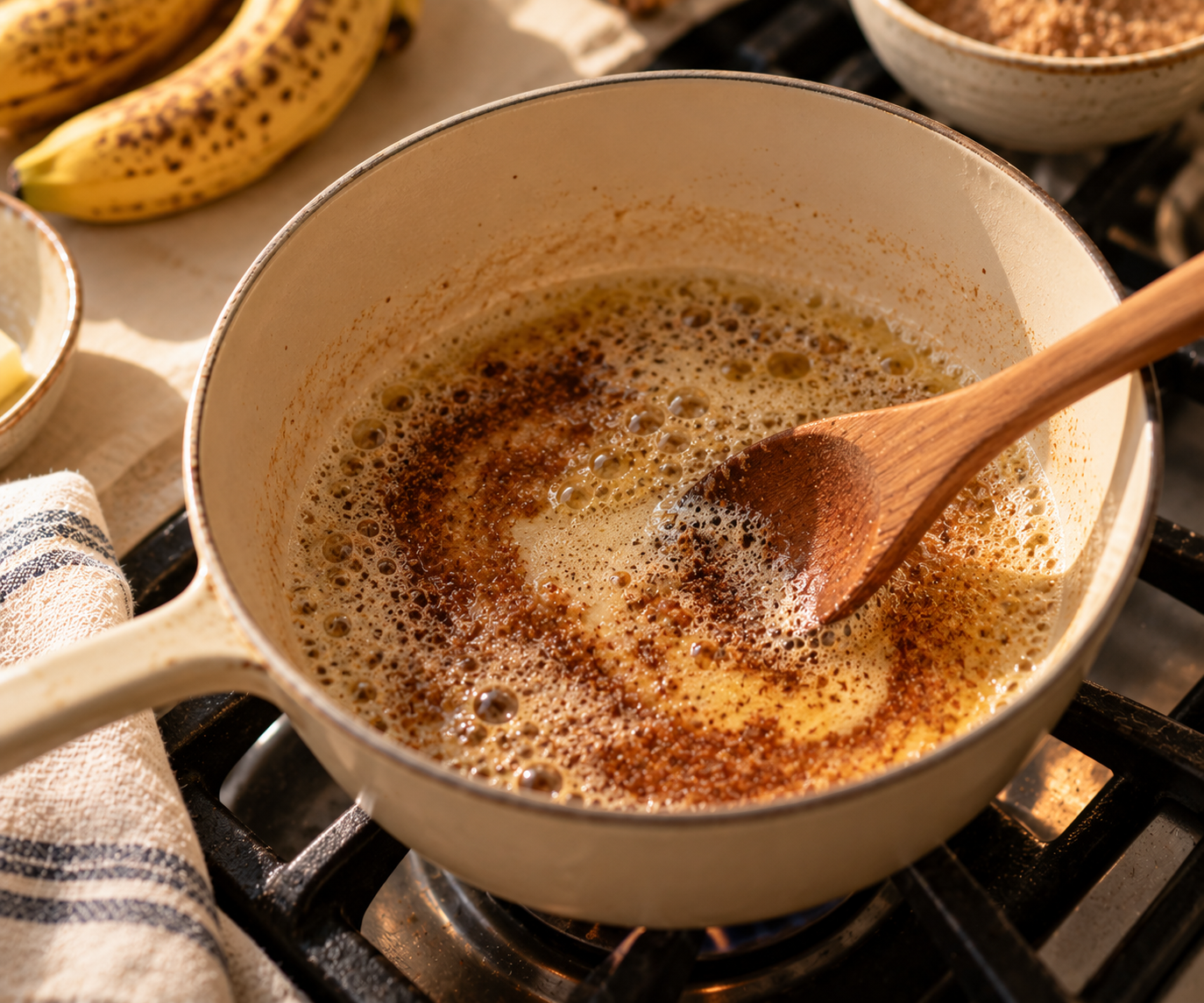 Butter foaming and turning golden brown in a saucepan, with ripe bananas and a bowl of cinnamon behind