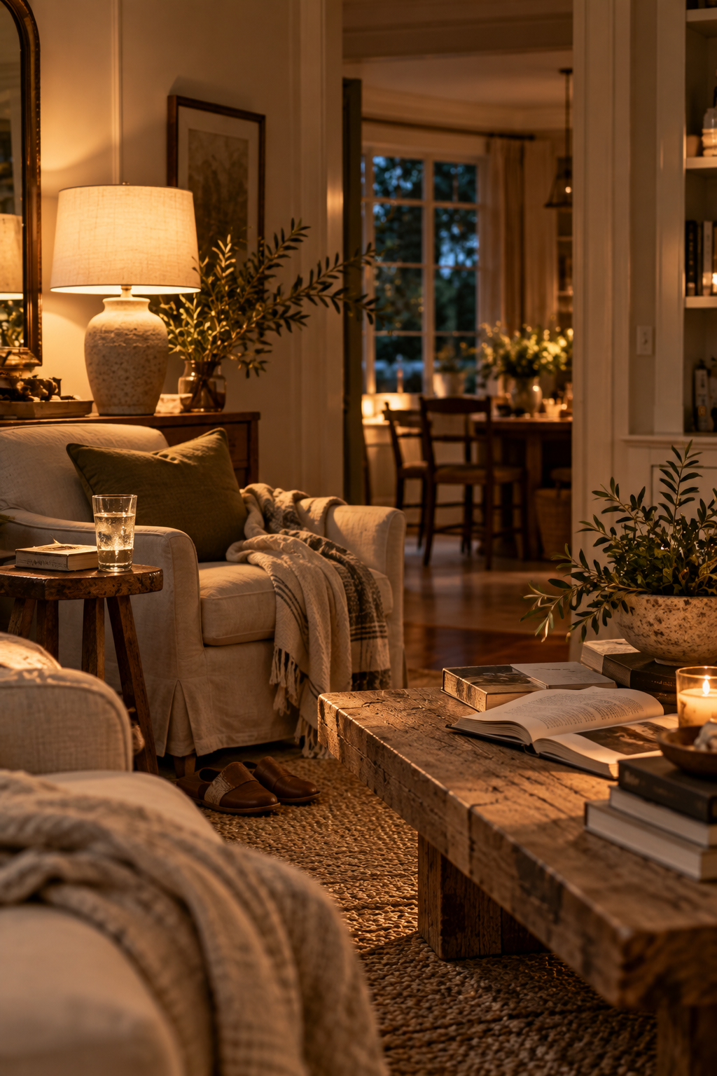 A lamplit living room in the evening with a linen chair, throw, books, a glass of water and a dining room beyond