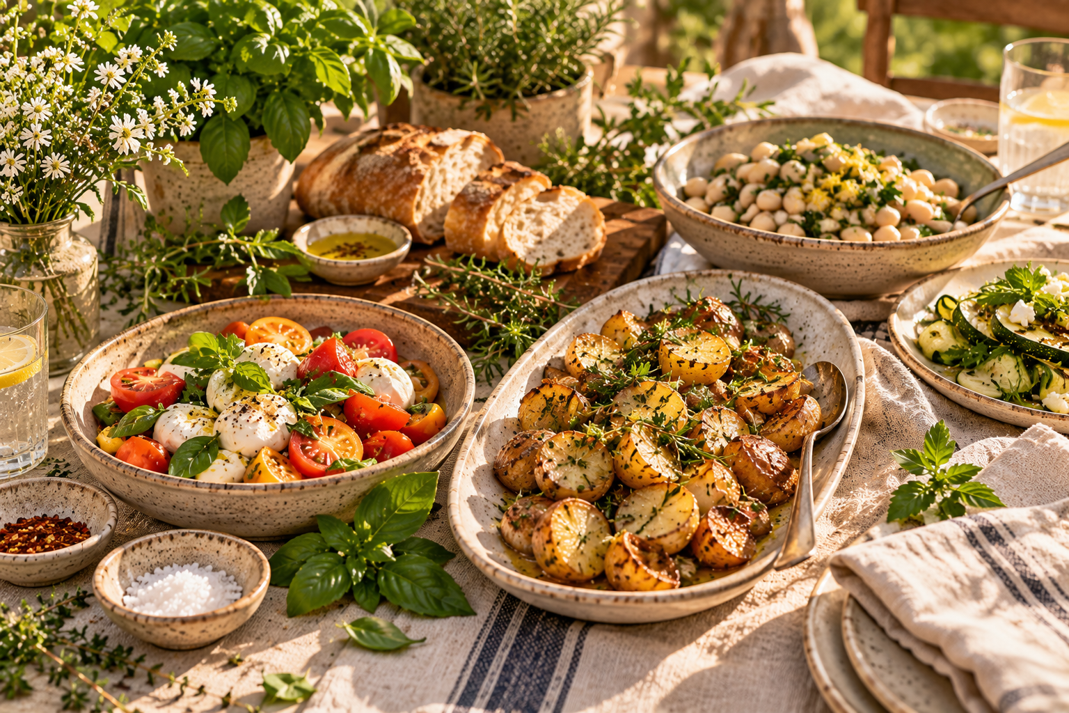 A summer table of herbed potatoes, tomatoes with mozzarella and basil, white beans, bread and zucchini