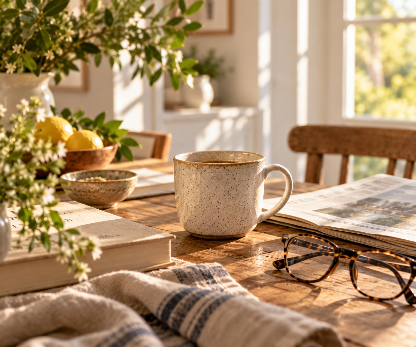 A speckled mug of coffee on a wooden table beside a newspaper, reading glasses and a book