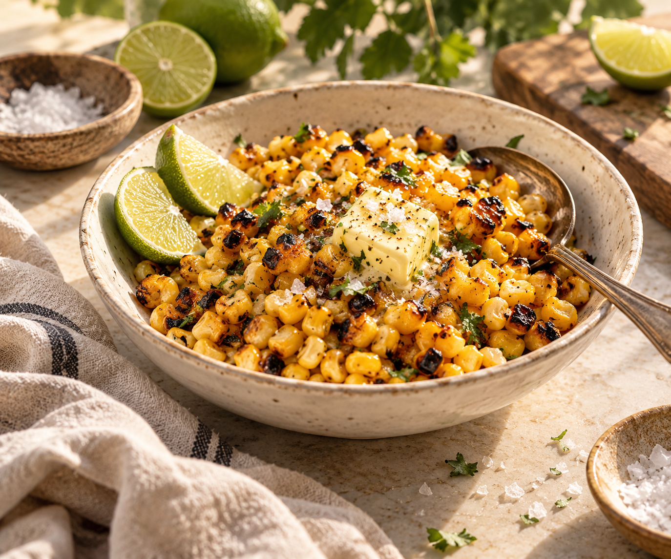 Charred corn kernels in a cream ceramic bowl with melting butter, lime wedges and flaky salt
