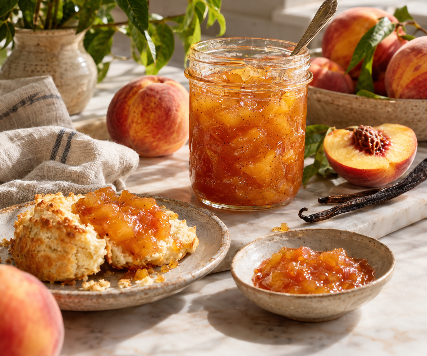 A jar of peach and vanilla refrigerator jam beside a split biscuit spread with jam and fresh peaches