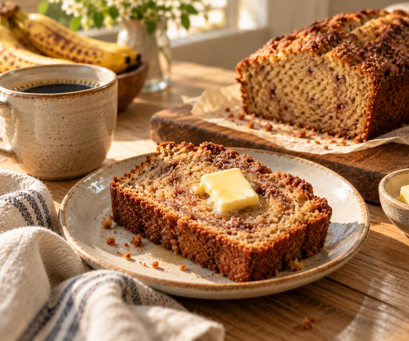 A thick slice of banana bread with melting butter on a ceramic plate beside a mug of coffee