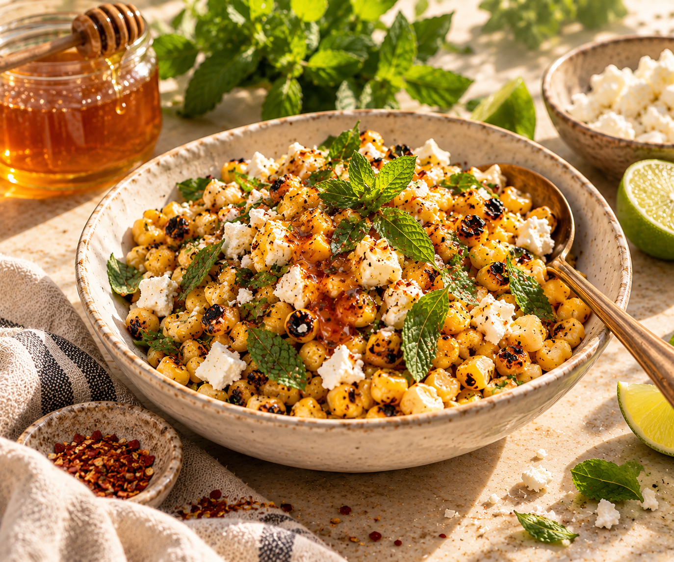 Charred corn with crumbled feta, fresh mint, hot honey, lime and a touch of chile