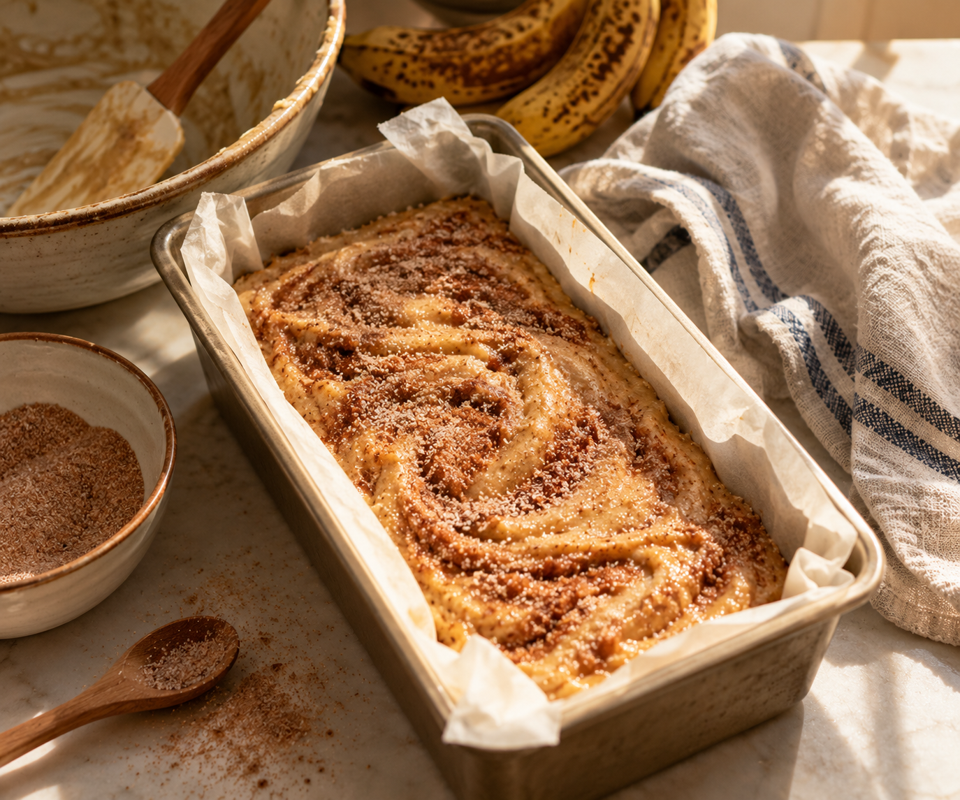 Banana bread batter in a parchment-lined loaf pan, swirled with cinnamon sugar