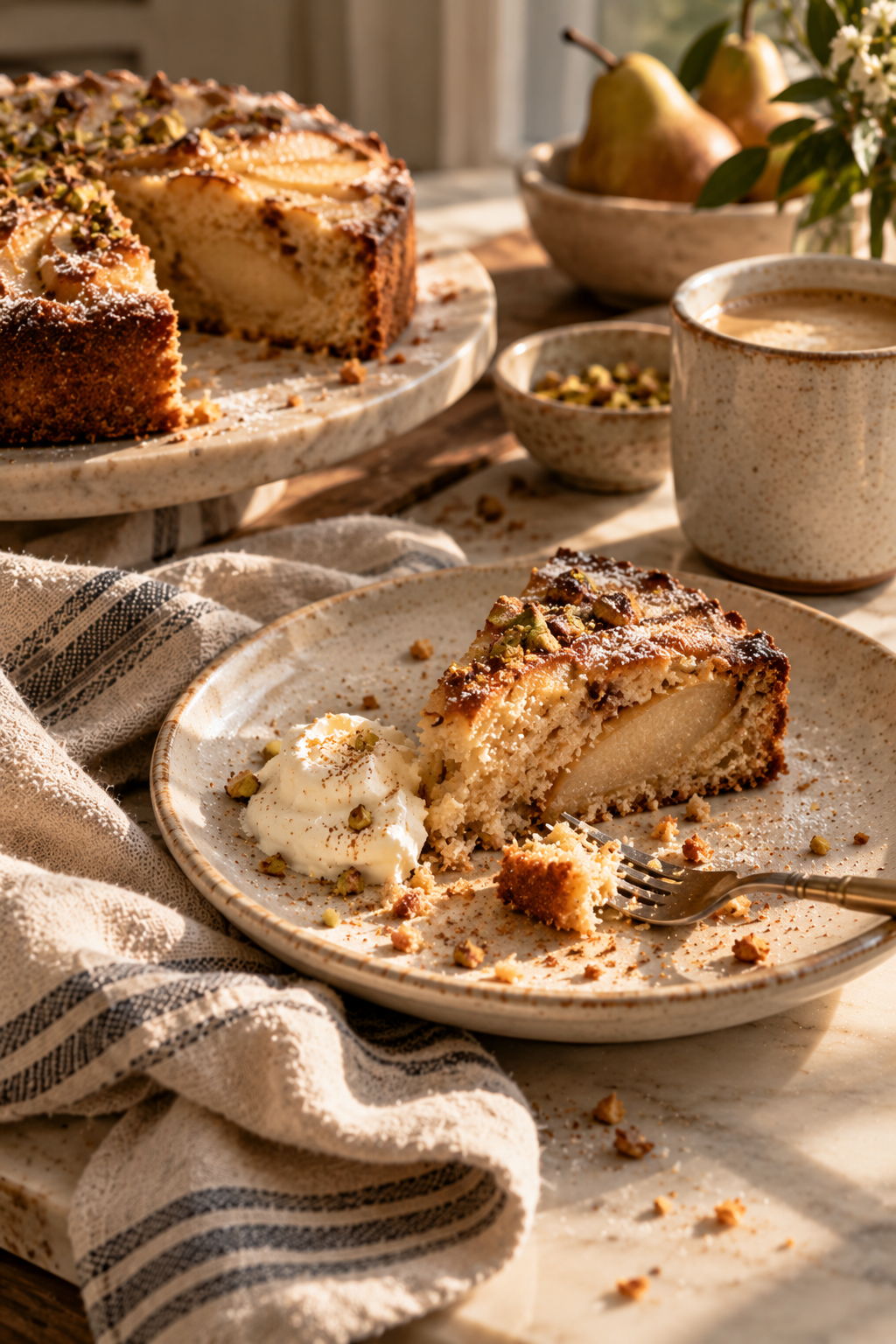A slice of pear and pistachio cake with cream, a fork and coffee