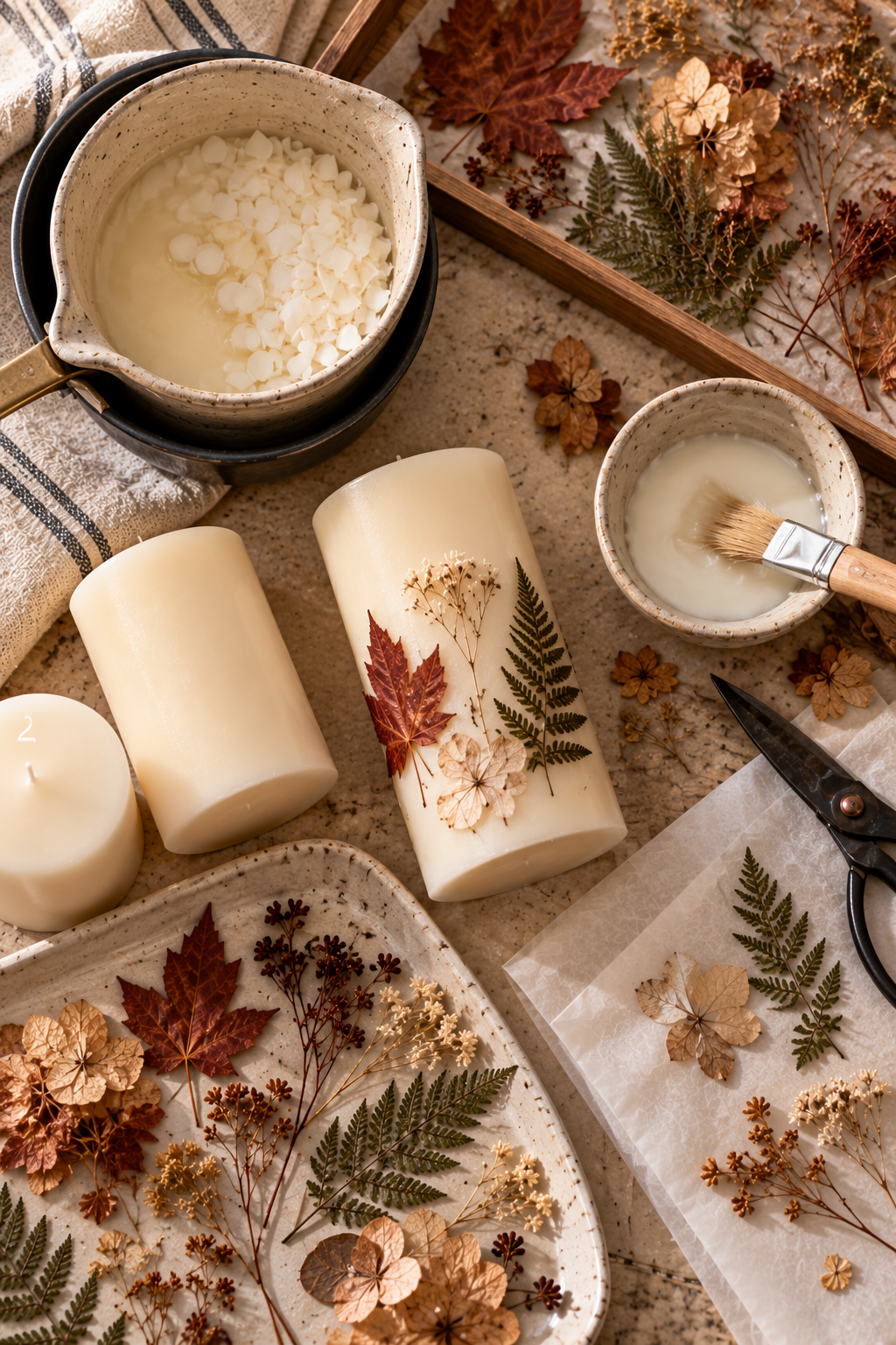 Overhead of wax melting in a speckled pouring pot beside ivory candles, a bowl of melted wax with a brush and trays of pressed botanicals