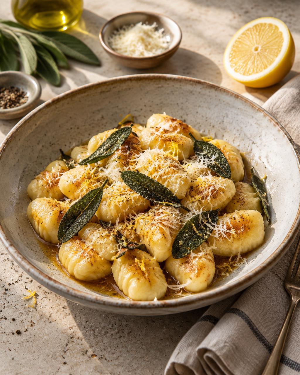 Lemon ricotta gnocchi in brown butter with crisp sage leaves