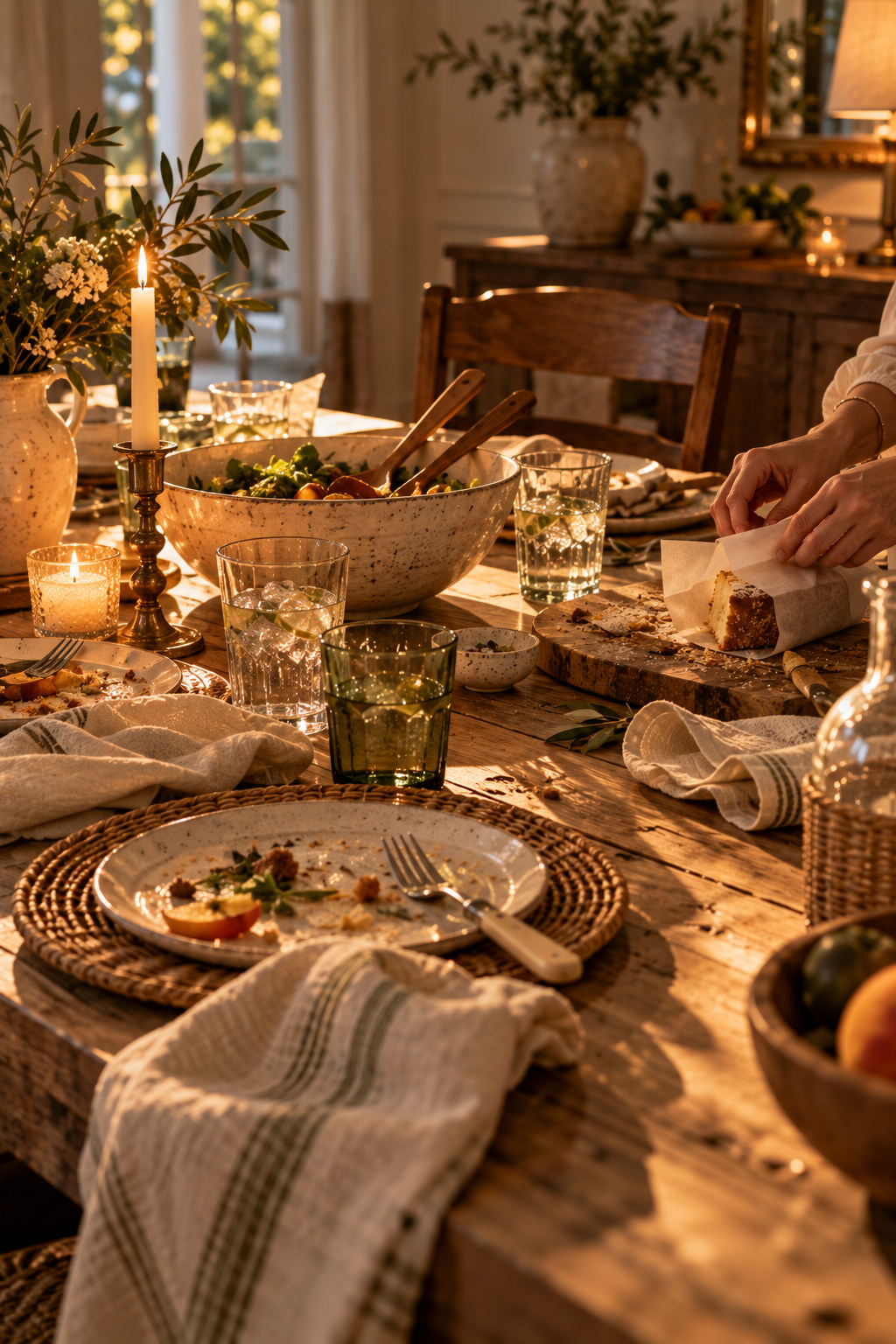 A table after a meal with used plates, water glasses, linen, candles and hands wrapping a piece of cake in parchment