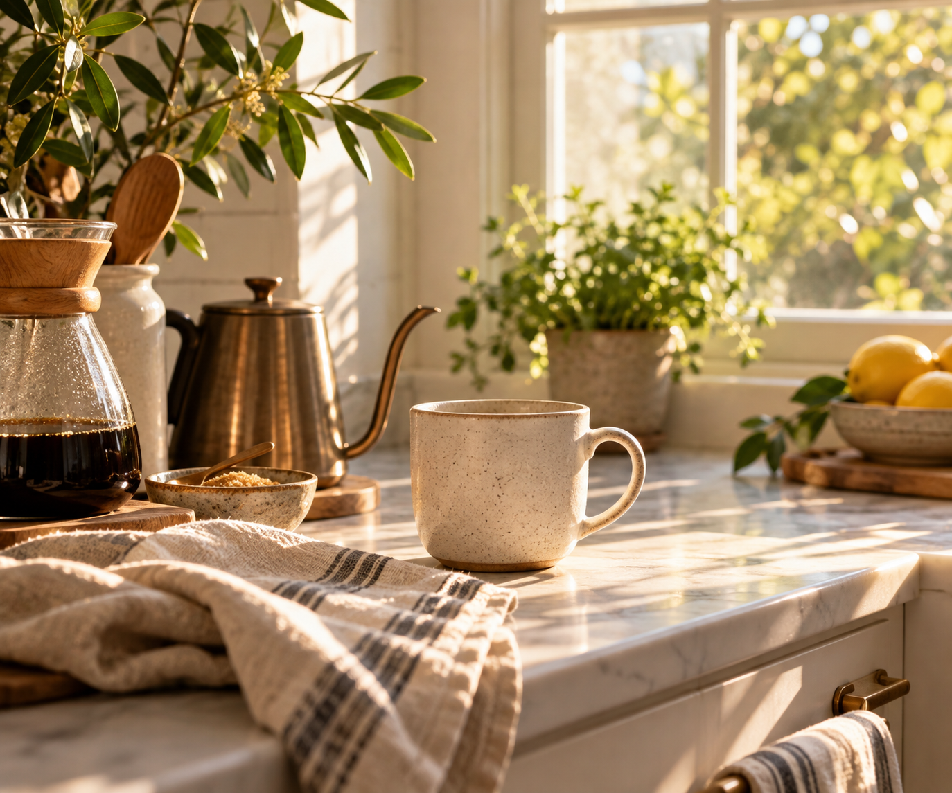 A cream mug on a sunlit marble counter beside a coffee carafe and kettle