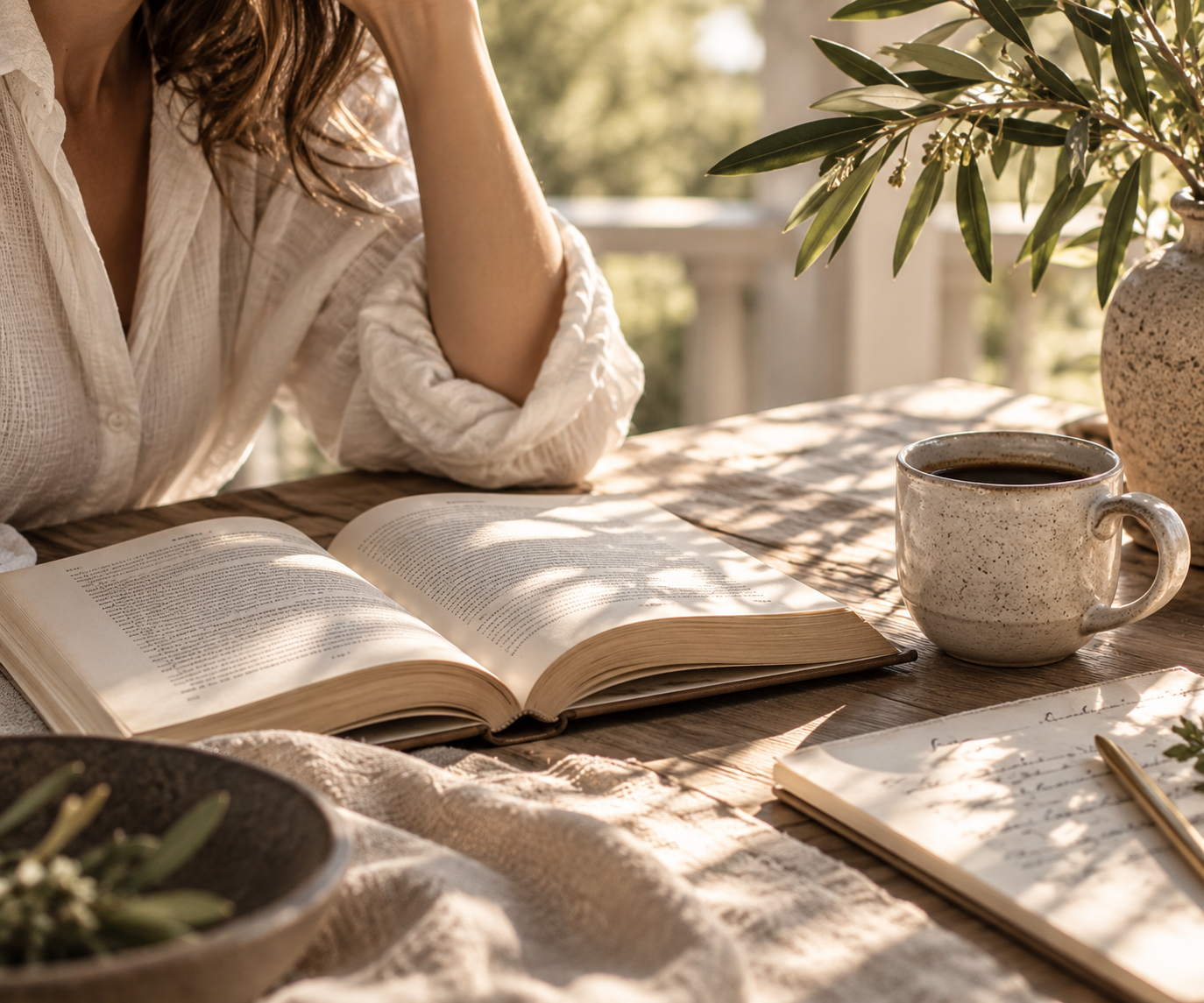 An open book, a cup of coffee, and a handwritten journal on a wooden table in warm natural light