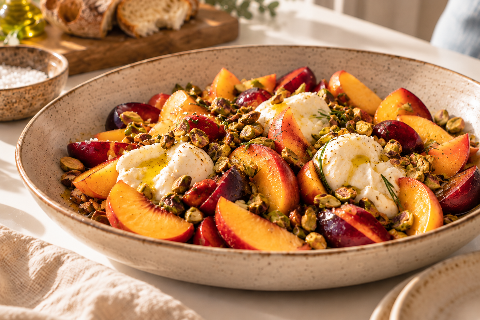 Stone fruit and burrata salad with warm rosemary-honey pistachios