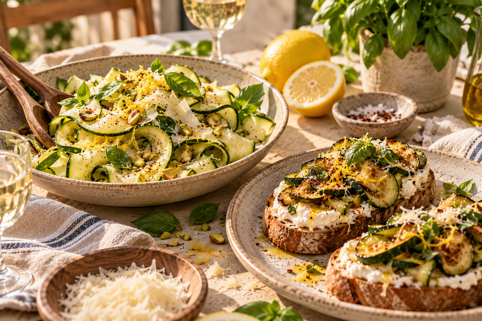 A summer lunch table with zucchini ribbons, ricotta toast, lemons, basil and Parmesan