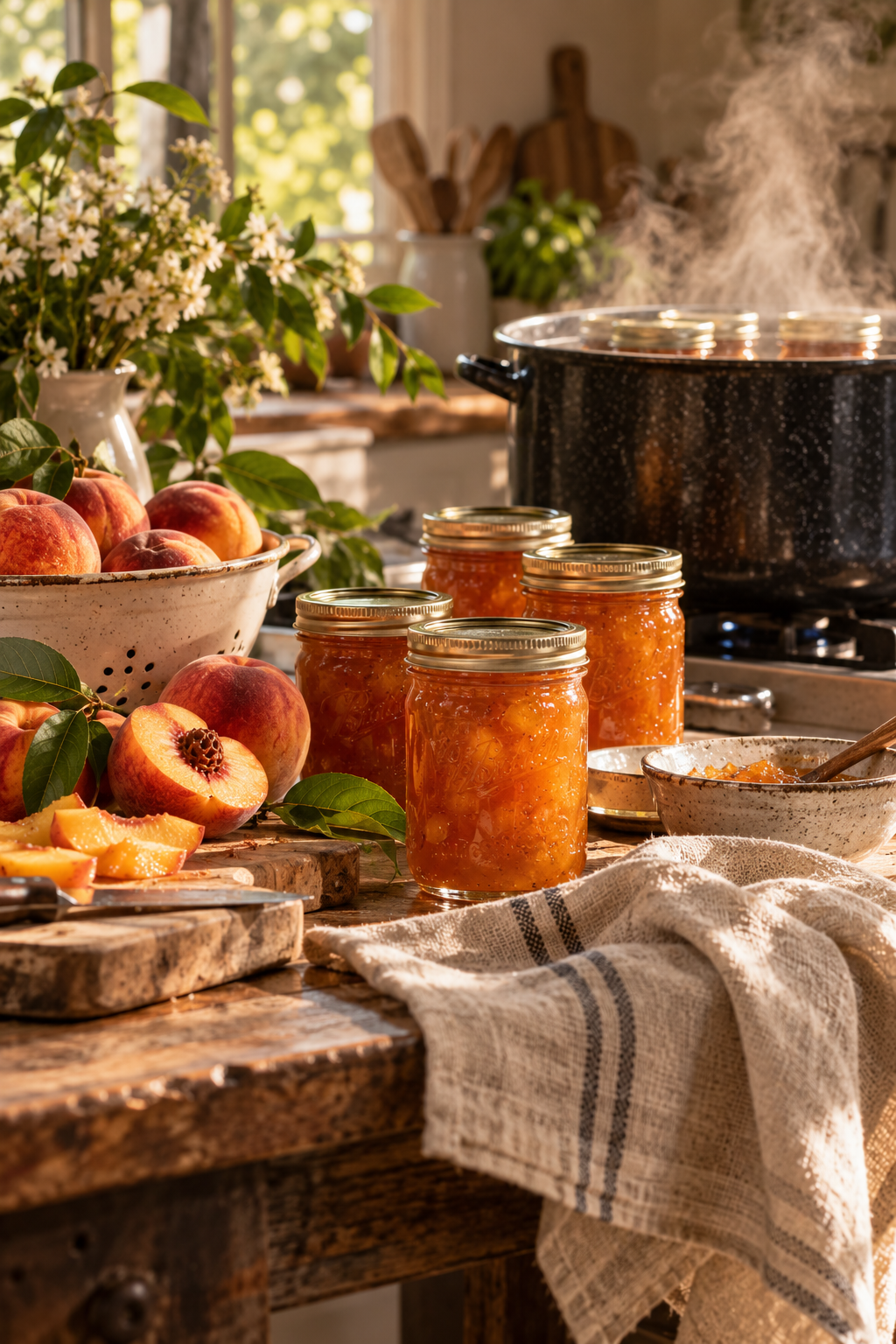 Jars of finished peach preserves beside a steaming water-bath canner in a sunlit kitchen