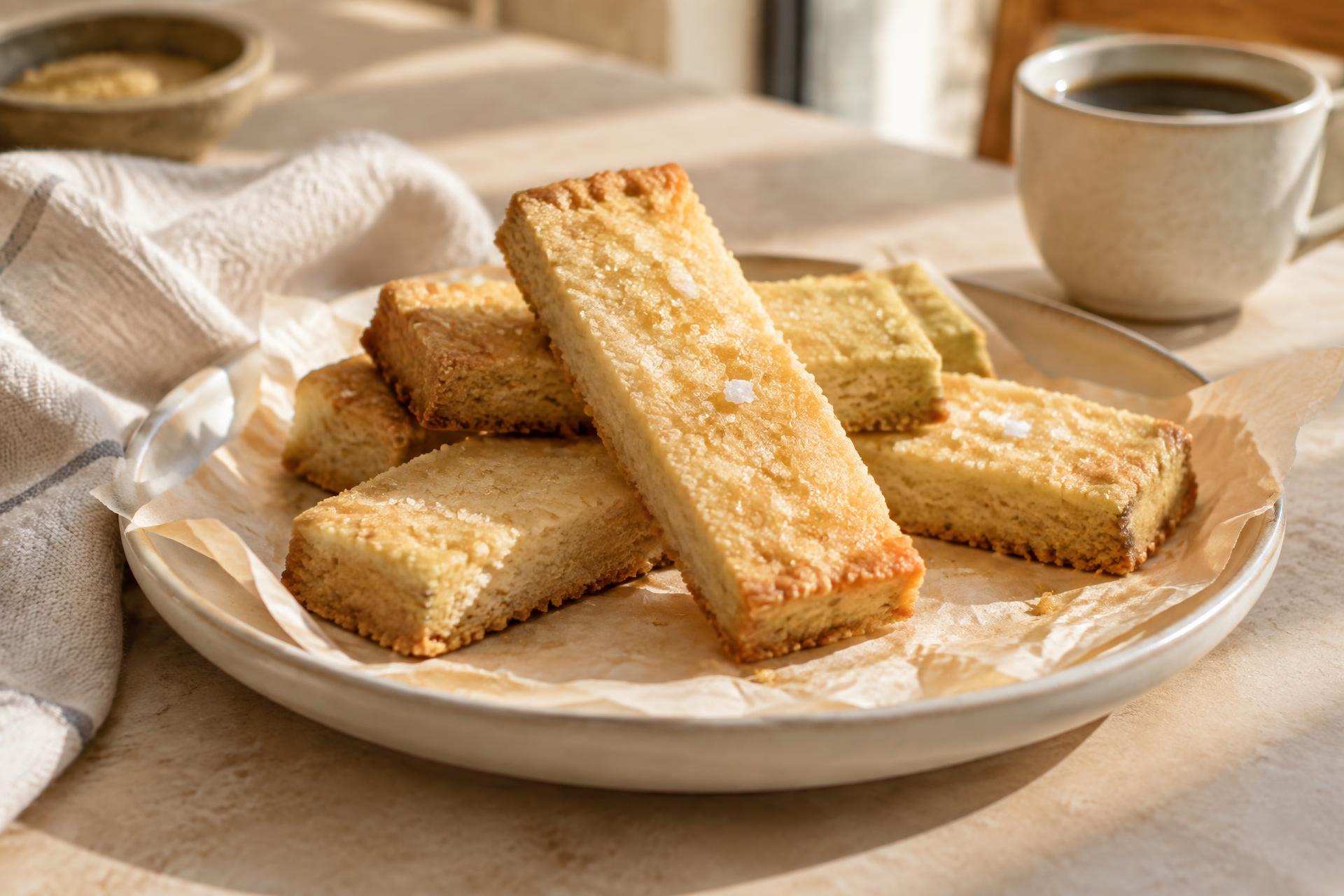 Thick rectangular olive oil shortbread fingers with golden sugar and flaky salt in warm window light