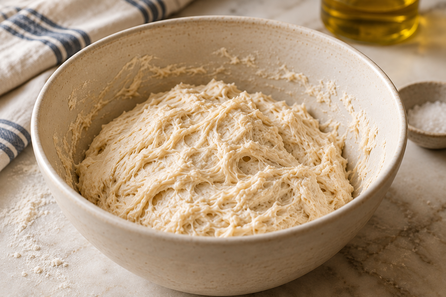 Freshly mixed shaggy, sticky dough in a cream ceramic bowl