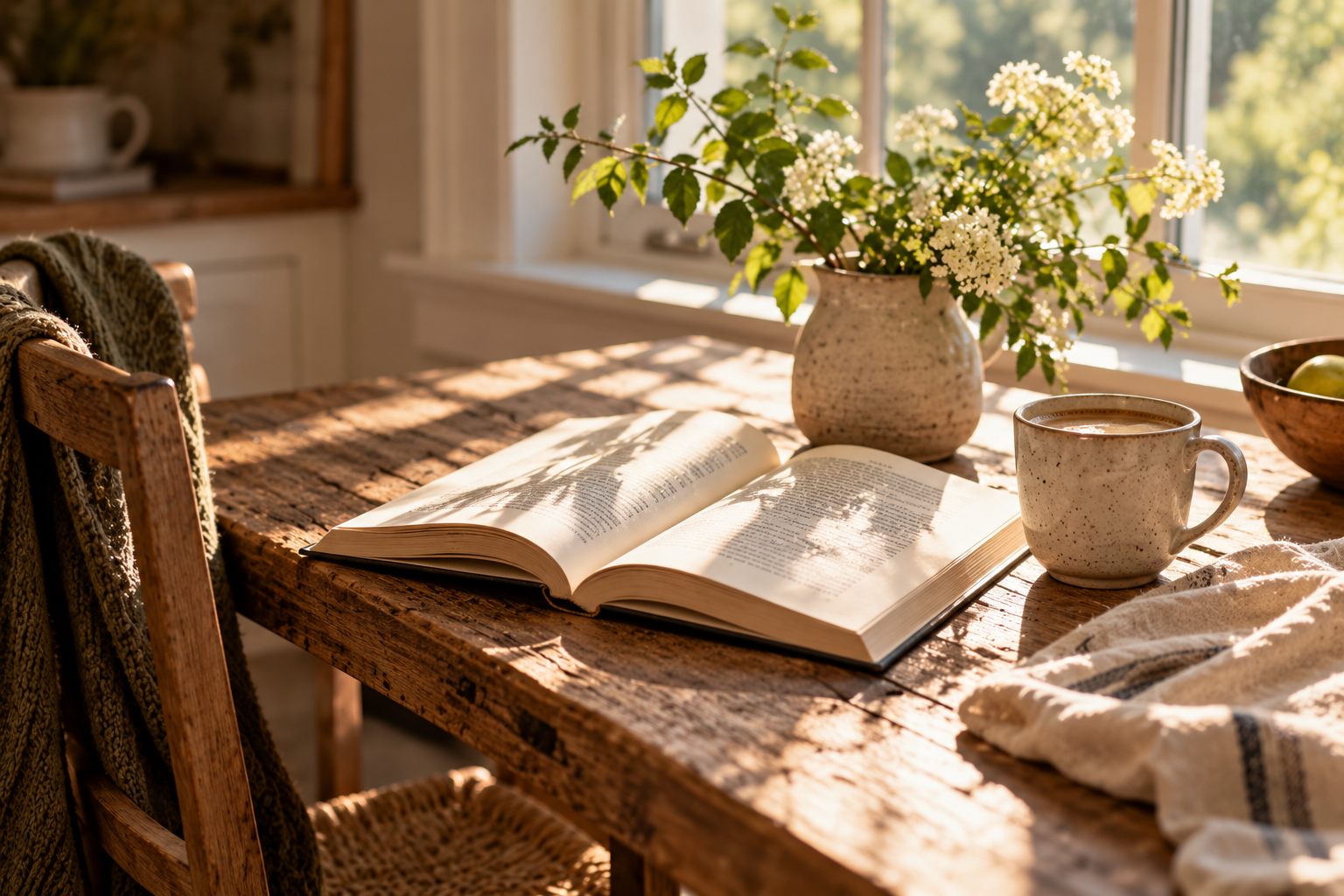 An open book on a worn wooden table beside a speckled mug of coffee and a vase of white flowers in window light