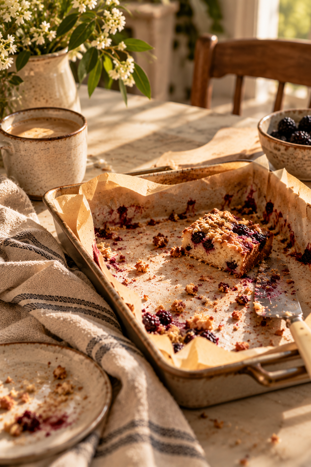 A nearly empty baking pan with one last piece of berry crumb cake, crumbs and berry marks