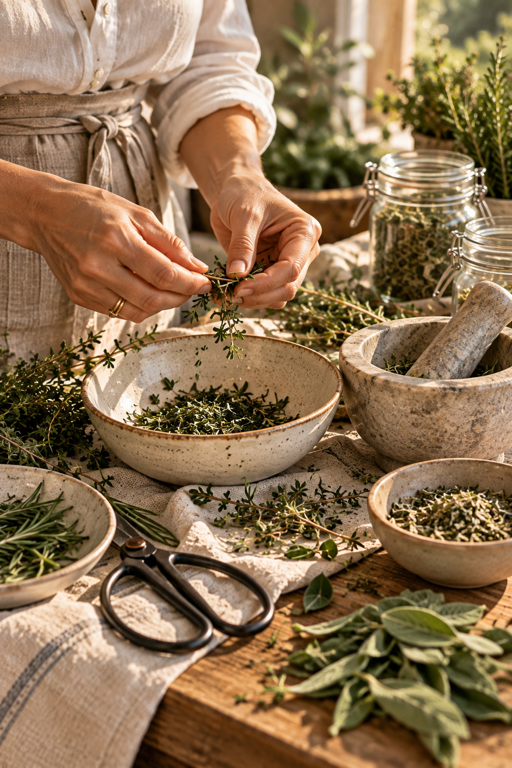 Hands stripping thyme leaves into a speckled ceramic bowl beside a mortar and pestle, herb stems, scissors and linen