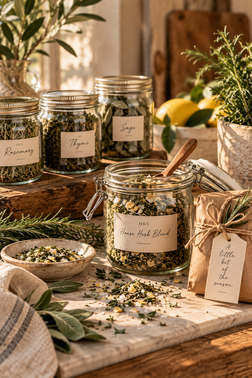 Labeled glass jars of dried rosemary, thyme and sage beside a jar of house herb blend, lemons and a small package wrapped in paper and twine