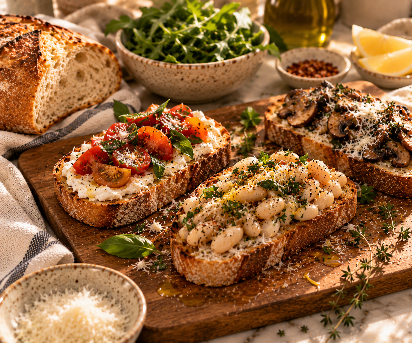 Three open-faced sourdough toasts with ricotta and tomatoes, white beans and herbs, and mushrooms with Parmesan