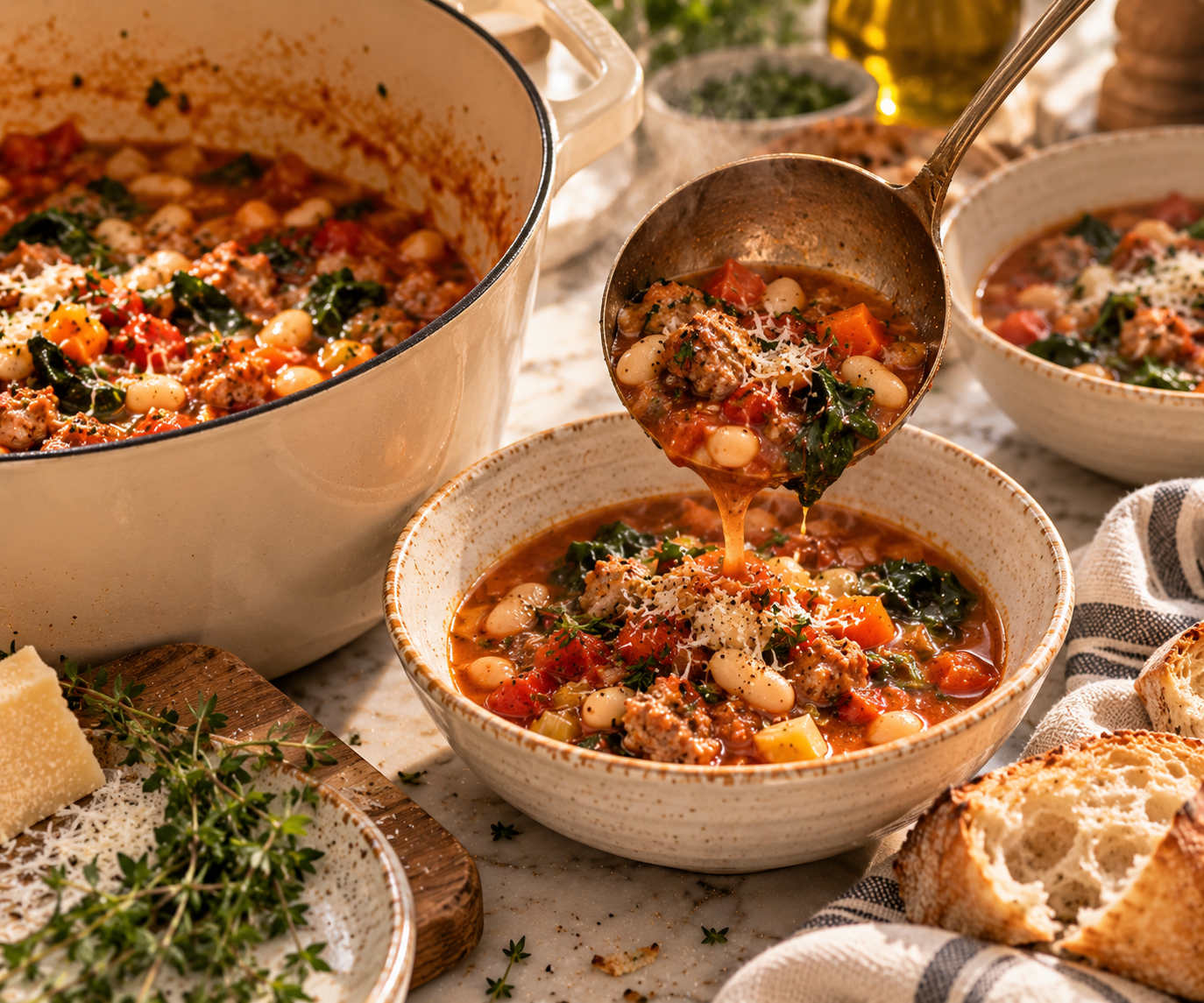 Tomato, sausage and white bean soup with greens and Parmesan being ladled from a cream Dutch oven into a ceramic bowl, crusty bread nearby