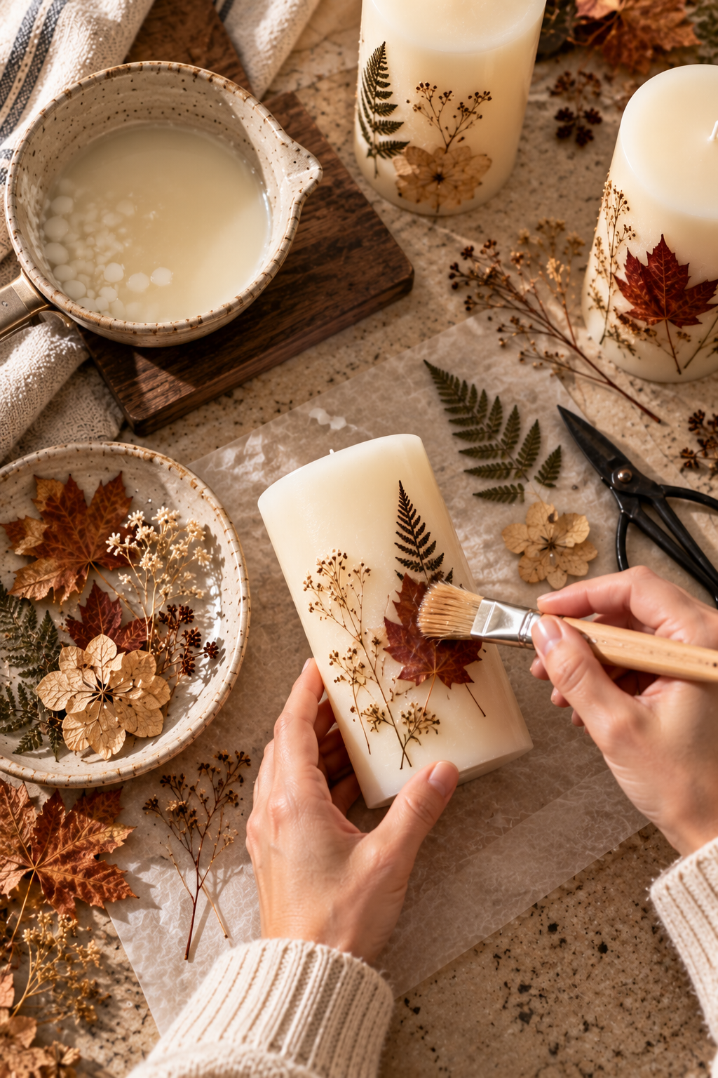 Hands brushing a thin layer of wax over pressed leaves, ferns and dried flowers on an ivory pillar candle