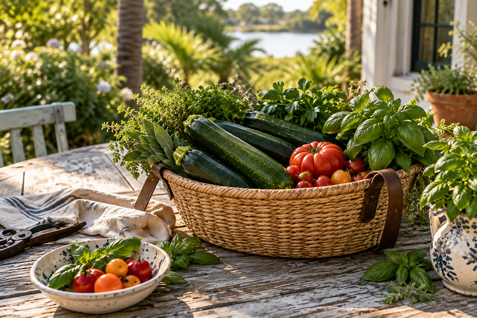 A garden basket filled with zucchini, tomatoes and herbs on an outdoor table