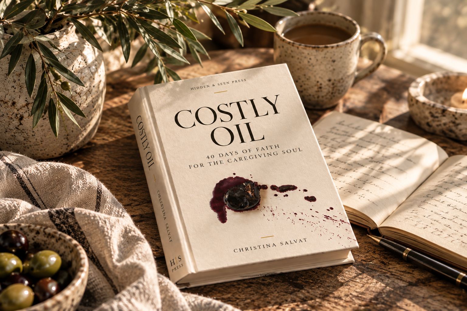 Costly Oil, 40 Days of Faith for the Caregiving Soul, resting on a sunlit wooden table