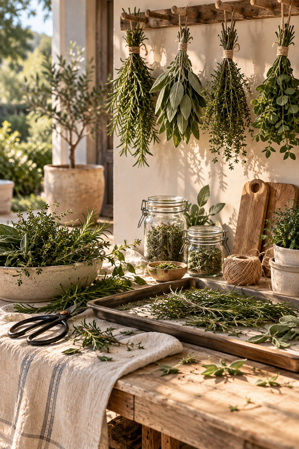 Herb bundles hanging upside down from a wooden peg rail above a worktable with jars, twine and a tray of drying rosemary