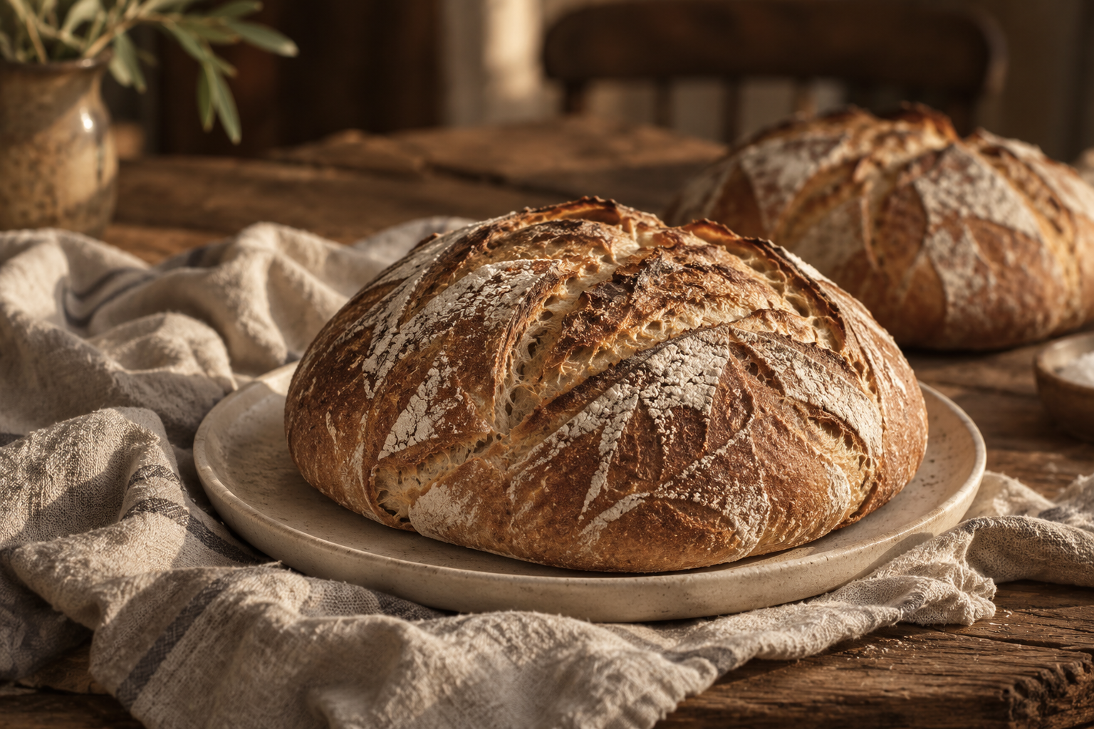 A round loaf of fresh bread resting on rumpled linen in warm light