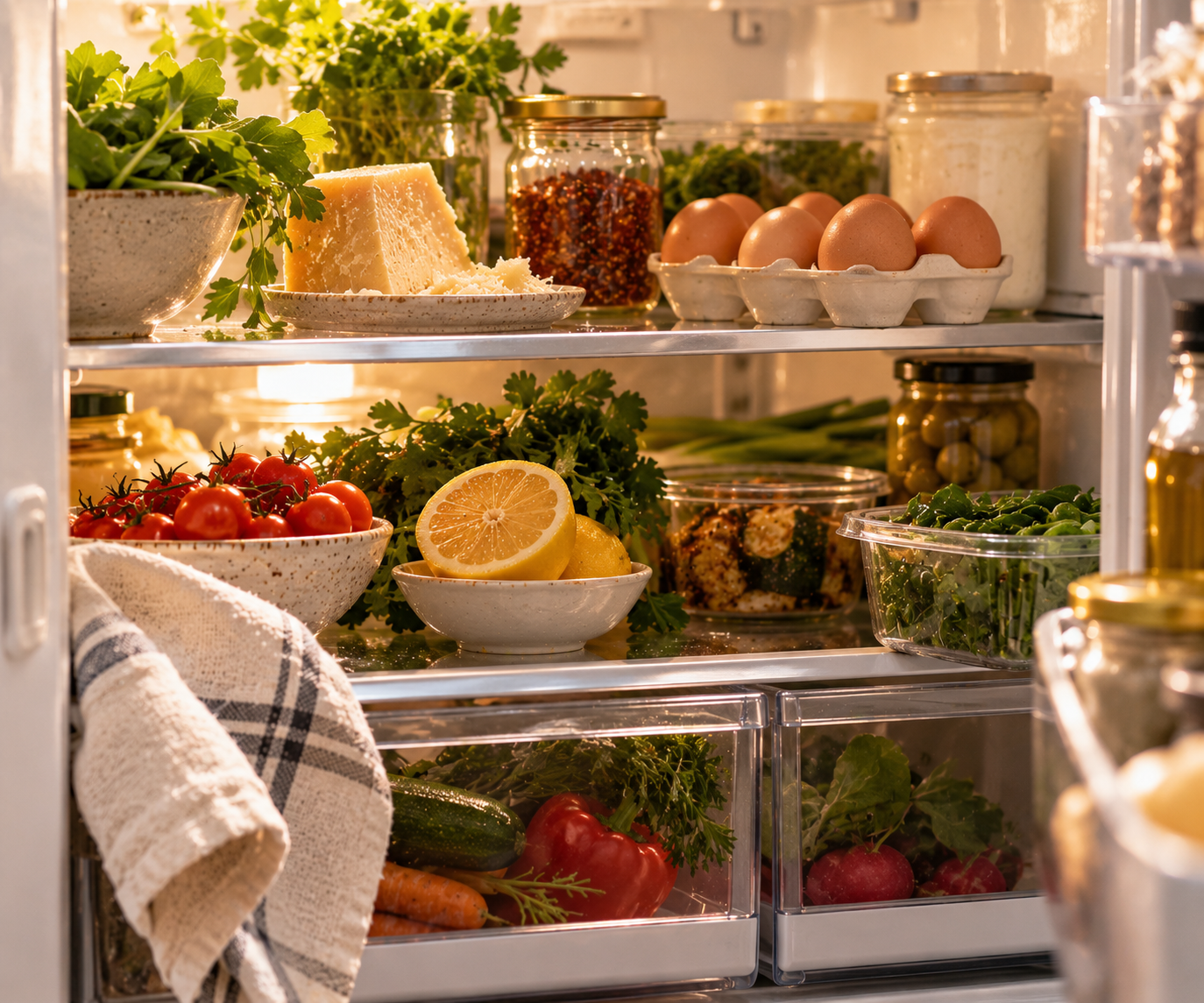 An open refrigerator with eggs, Parmesan, lemons, tomatoes, greens, herbs, olives and jars