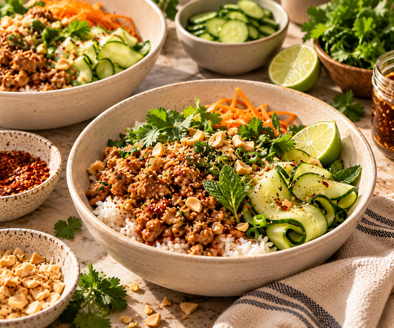 Gingery rice bowl with ground chicken, cucumber ribbons, carrot, herbs, peanuts and lime