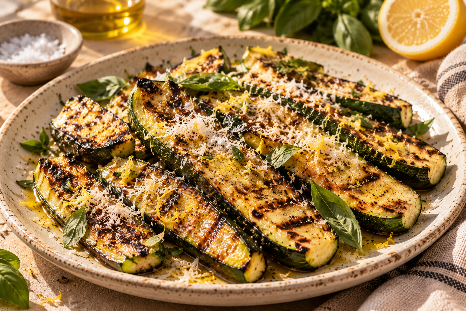 Charred zucchini planks on a speckled plate with grated Parmesan, lemon zest and basil