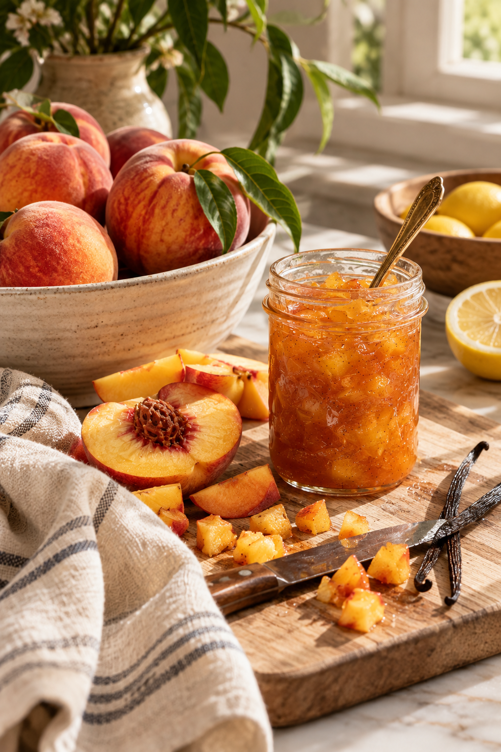 Chopped peaches, vanilla beans and a jar of peach jam on a wooden board in morning light
