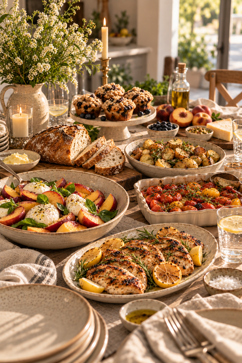 An abundant table of peach and burrata salad, lemon chicken, roasted potatoes, tomatoes, bread and blueberry muffins