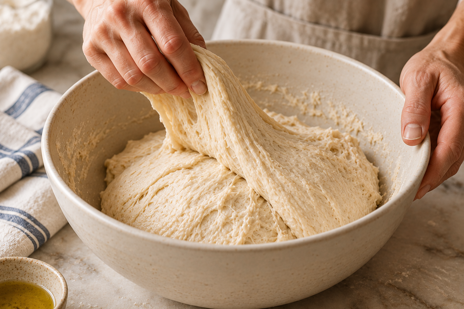 A hand lifting and folding dough inside a cream ceramic bowl