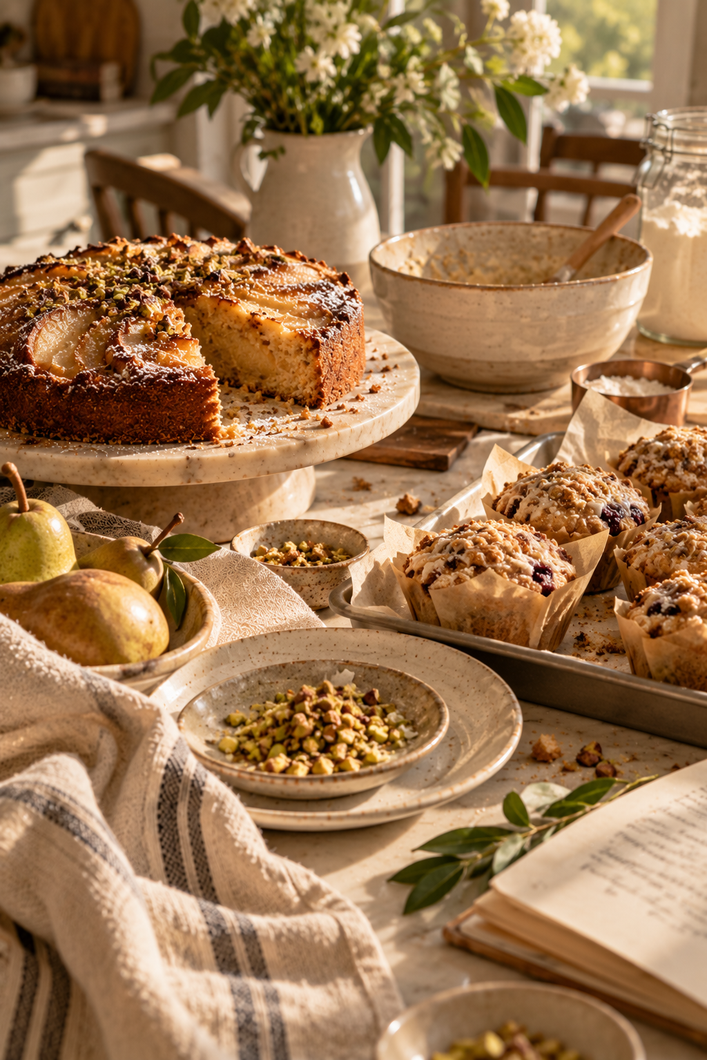 A pear cake on a marble stand beside crumb-topped muffins, pistachios and pears