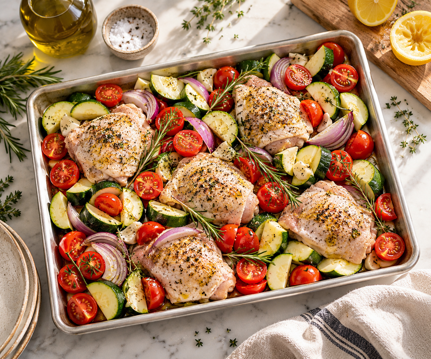 Uncooked chicken thighs, zucchini, cherry tomatoes and red onion with herbs on a metal sheet pan, beside lemon and olive oil