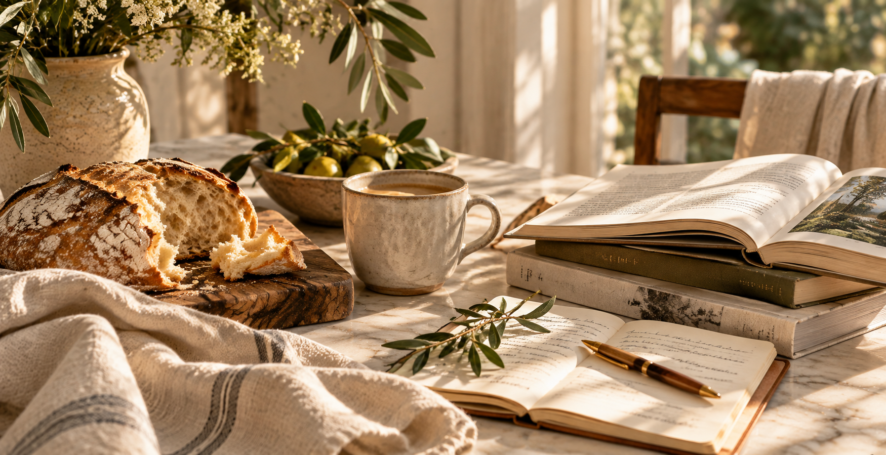 A marble table set with crusty bread on a wooden board, a cup of coffee, stacked books, and a handwritten journal in warm morning light