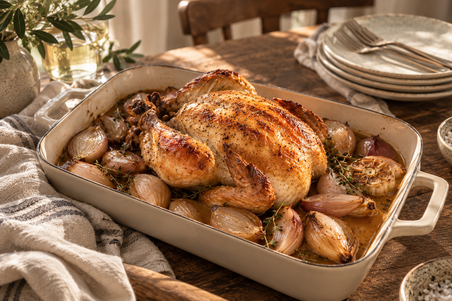 Golden roast chicken with shallots, thyme and pan juices