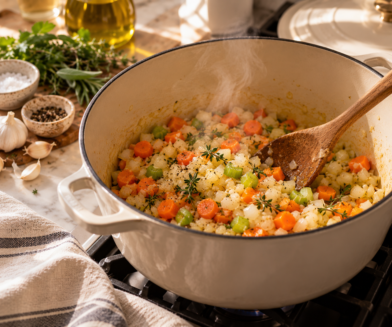 Onion, carrots, celery and thyme softening in a cream Dutch oven with a wooden spoon and rising steam