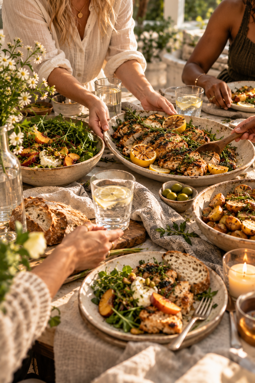 Friends around a sunlit table passing a platter of lemon chicken, a peach salad, potatoes and bread