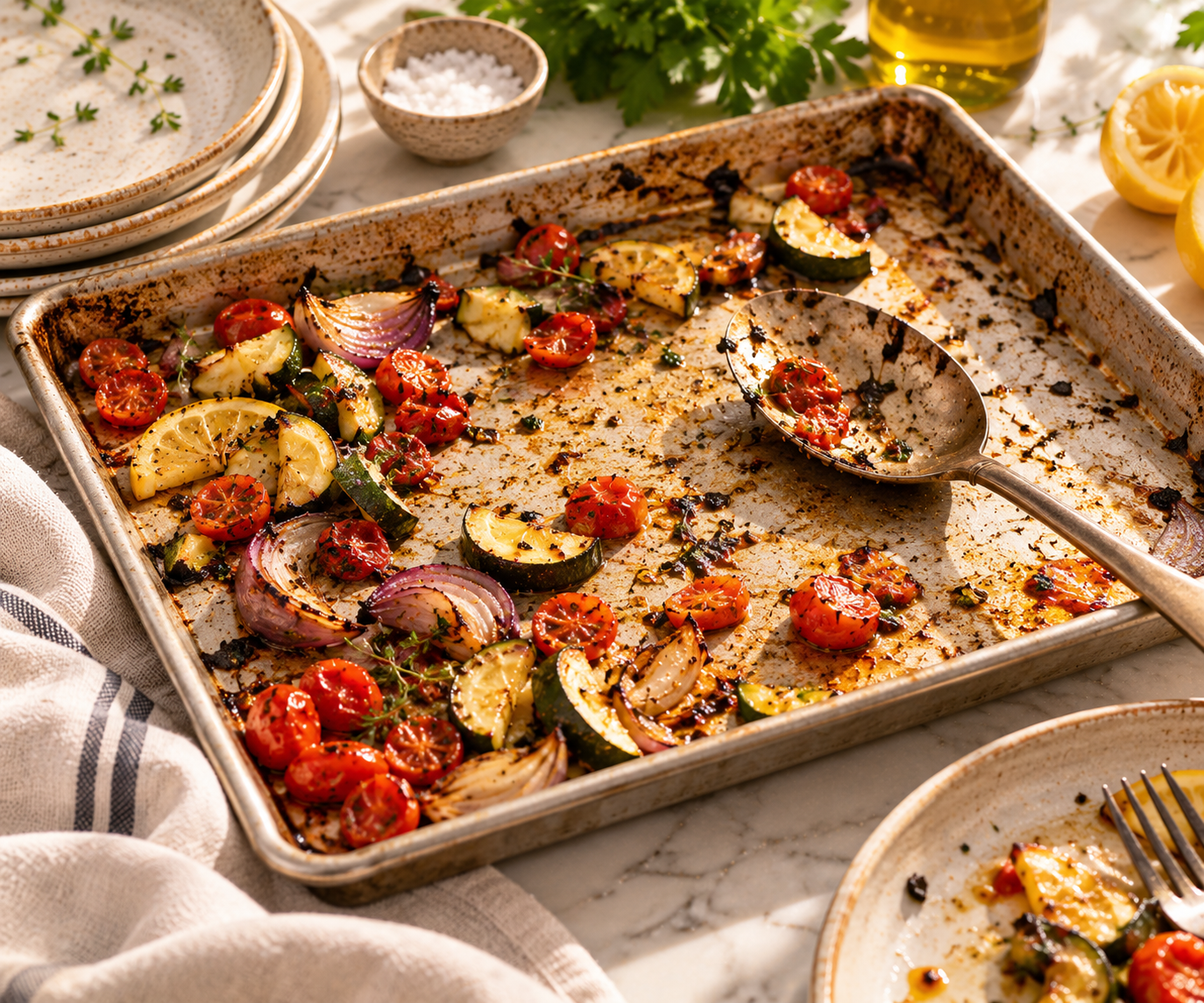A mostly empty roasted sheet pan with a few zucchini pieces, blistered tomatoes, onion and a serving spoon beside a used plate and linen