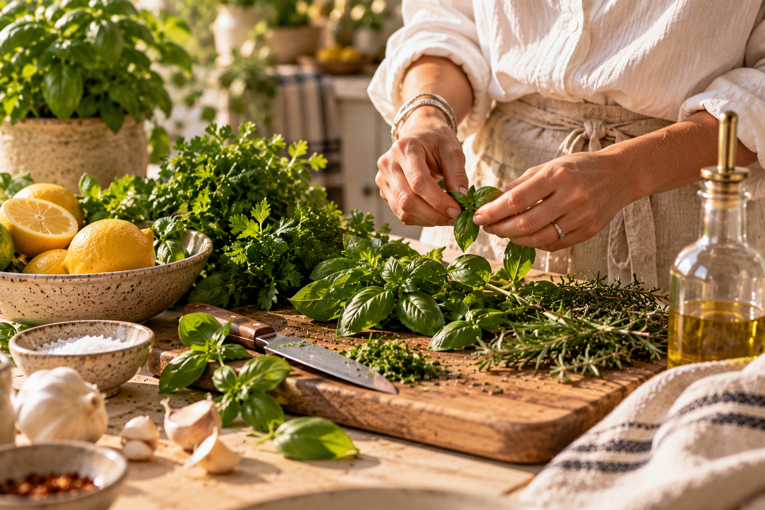 Hands picking basil leaves over a wooden board of basil, thyme and rosemary beside lemons, garlic and olive oil