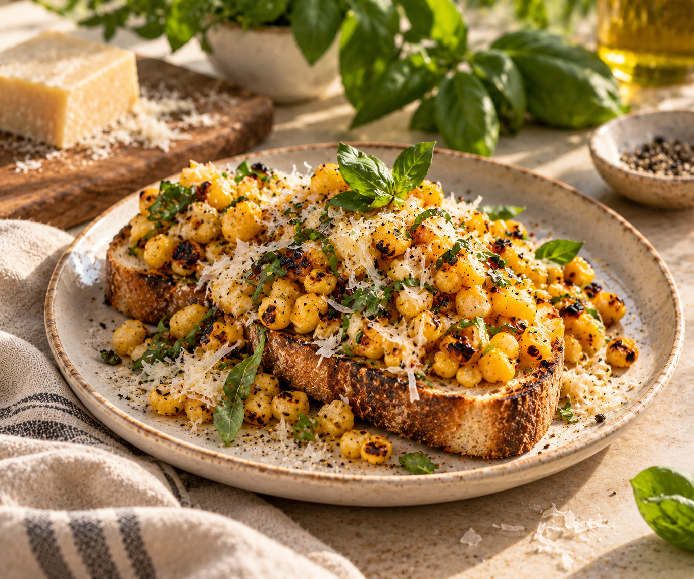 Charred corn piled over thick grilled sourdough with Parmesan, black pepper and basil
